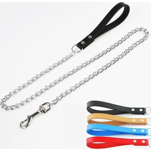 Free Ship Stainless Steel Pet Dog Chain For Small Medium Dog Chain Leash Handle PU Leather Iron Chain Anti Bite Metal Pet Chain