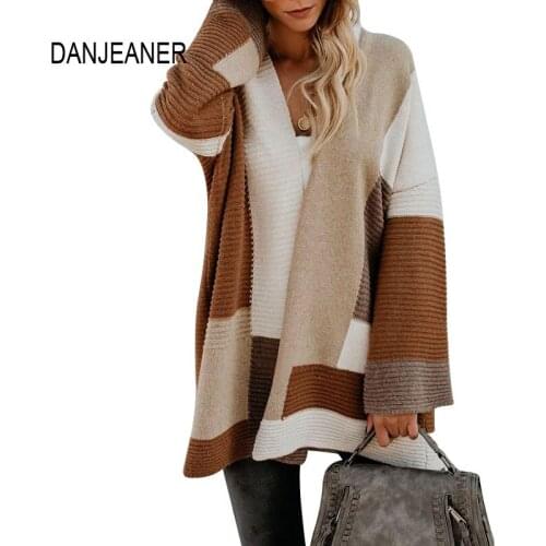 DANJEANER Autumn Winter Geometric Pattern Knitted Long Cardigan Plus Size Sweater Women Thick Warm Knitwear Coats Pull Femme