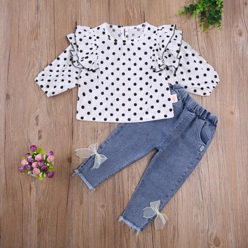 4-9Y Kids Girls Clothes Set Cartoon Polka Dot Long Sleeve Ruffle Pullover + Bowknot Denim Pants Spring Autumn 2Pcs Outfits