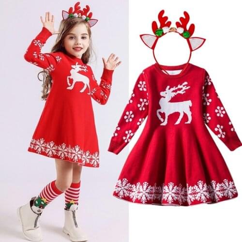 Full Sleeve Autumn Winter Christmas Dress for Girl Elk Xmas Knitted Sweater Children Dress New Year Party Kids Princess Costume