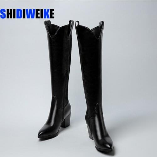 2021 Designer Western Black KneeHigh Boots For Women Pointed Toe Cowboy Boots Chunky Square heel Boots Runway Ladies Motorcycle