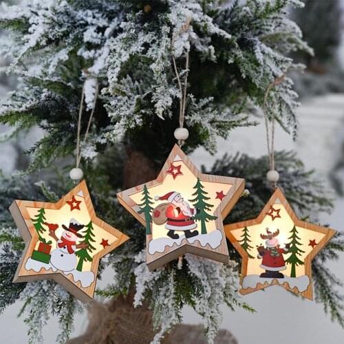 Hot Sale Christmas Decoration DIY Wooden Five-pointed Star With Lamp Pendant Creative Small Tree Pendant Christmas decor