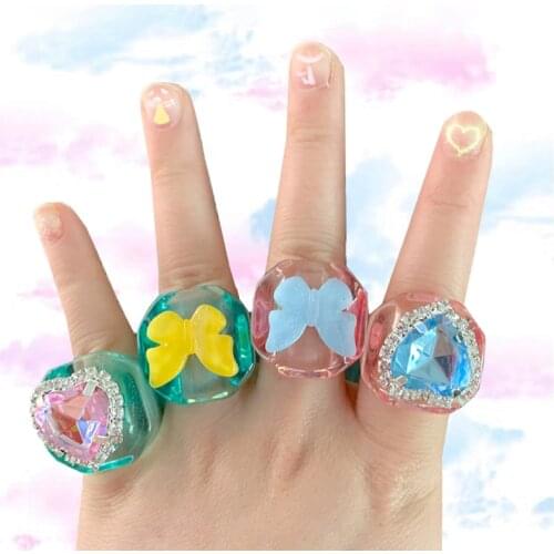 Korean Charms Shiny Butterfly Crystal Ring for Women Vintage DIY Harajuku Cartoon Animal Rings Jewelry 90s Aesthetic New Gifts
