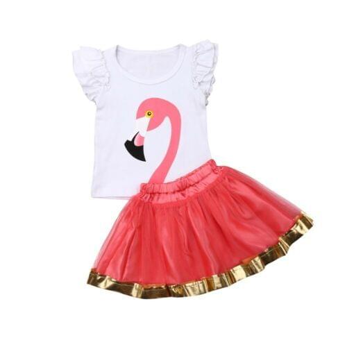 Kids Toddler Baby Girl Flamingo Print Vest T-shirt Tank Tops+Tutu Tulle Skirt Outfits Set Dr2pcs
