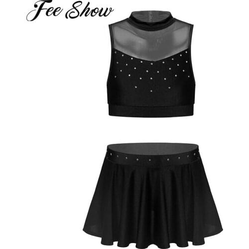 Set of Two Kids Girls Ballet Leotard Costumes Latin Rumba Dancewear Ballroom Dance Outfit Sleeveless Elastic Crop Top and Skirt