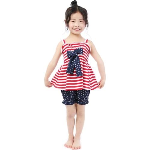 Kaiya Angel 2019 4th of July Clothing Set for Toddler Red White Striped Big Bow Sling Top + Star Print Shorts Factory Wholesale
