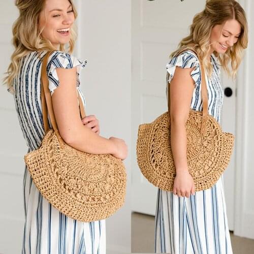 2021 New Round Woven Beach Shoulder Bags for Women Rattan Bag Handmade Straw CrossBody Bag Female Message Handbag Totes Bag