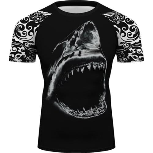Men Cool Shark Pirnting Rash Guards Men Marathon Running Tshirt Cycling Motocros Slim Fit Workout Gym Tee Tops