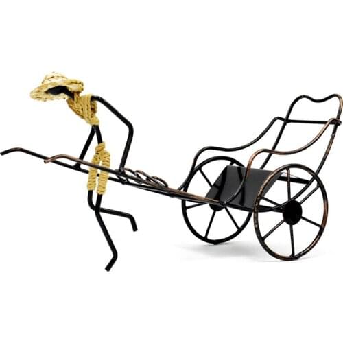 Man Wearing Straw Hat Rickshaw Wine Stand Retro Iron Wine Holder Beer Holder Metal Decoration for Bedroom Home Decor