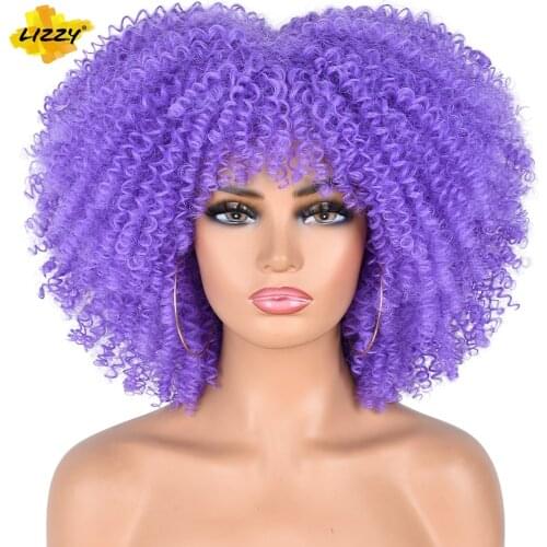 Lizzy Short Hair Afro Kinky Curly Wigs With Bangs For Black Women Synthetic Cosplay Bomb Omber African Glueless Wigs