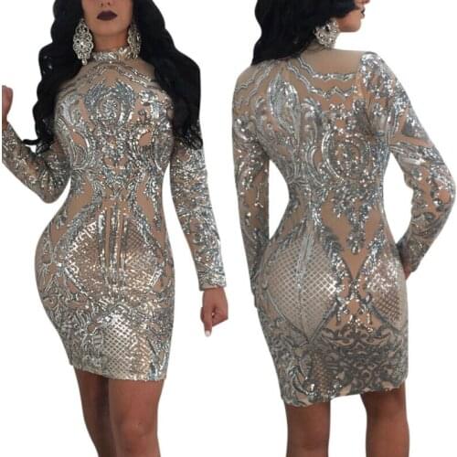 Sexy Womens Sequin Long Sleeve Clubwear Party Dress Midi Maxi Cocktail Bodycon