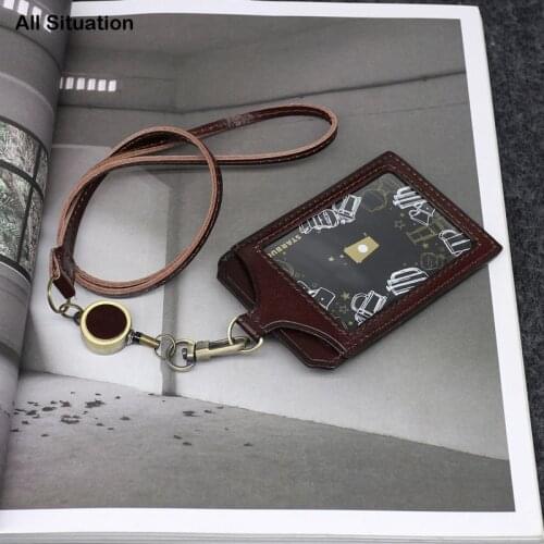 Luxury ID Badge Card Holder For Office Work First Layer Cow Leather Card Set Neck Hanging Rope Mini Bus Card Purses Identity Tag