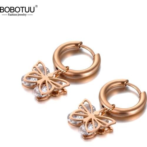 BOBOTUU Original Design CZ Crystal Butterfly Hoop Earrings Stainless Steel Trendy Animal Earrings For Women Girls BE20127