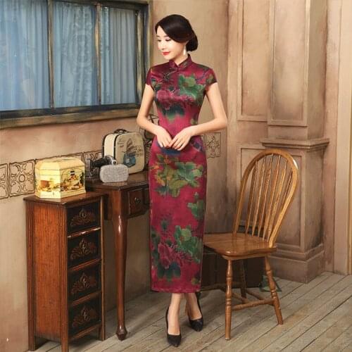 Sheng Coco Chinese Silk Cheongsam Dresses Women Chinese Style Fresh Elegant Qualities Long Party Cheongsam Qipao Purple Red C013