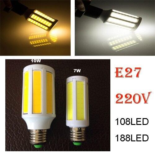 Super Bright COB Led Corn Light 10W 7W E27 Bulb white/warm white lamp 108LEDs 188LEDs AC 220V 360 Degree Spotlight home light