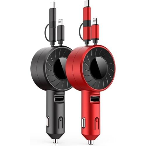 Universal car charger iPhone,Android, Type C and USB interface fast charging, retractable mobile phone charger