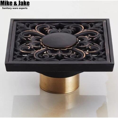 10*10cm Vintage Artistic black Brass Bathroom Square Shower Floor Drain Trap Waste Grate With Hair Strainer anti smelly drains