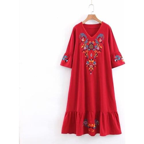 Vintage Chic Loose Women Bohemian Holiday Floral Embroidery Midi Dress Ladies Linen Cotton Flare Sleeves V-neck Dress Vestidos