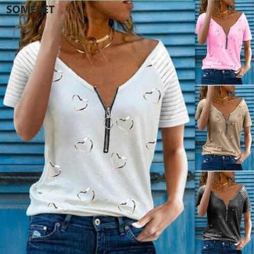 Womens Printed T Shirt V Neck Zipper Casual Loose Short Sleeve Top Summer Fashion Sexy Plus Size Clothing
