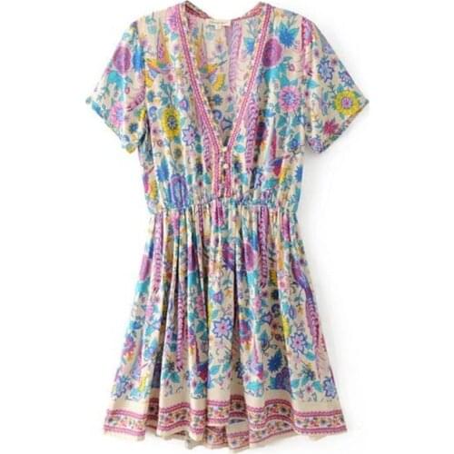 Women Vintage Peacock Floral Print Deep V-neck Bohemian Mini Dress Ladies Short Sleeve Boho Happie Dresses Vestidos