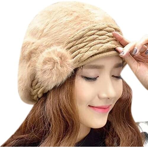 Womens Winter Warm Stylish Protective Ear Cap Warm Wool Hats Rabbit Hair Crochet Flower Knit Beret Cap