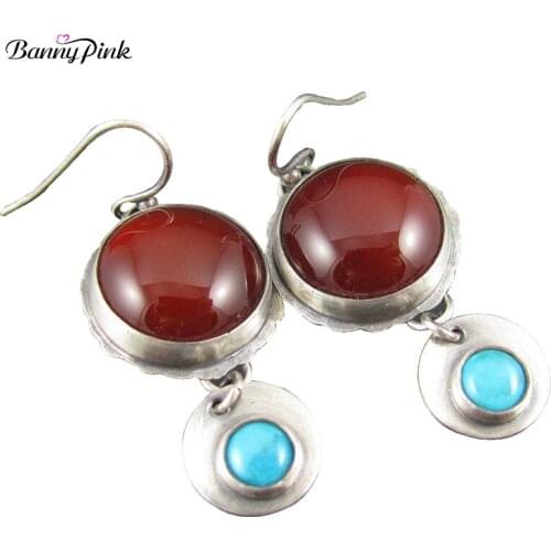 Banny Pink Bohemia Synthetic Onxy Turquoises Statement Dangle Earrings For Women Ethnic Round Pendant Drop Earrings Brincos