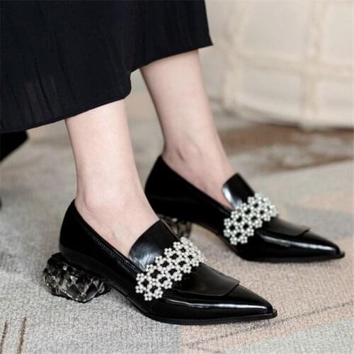 2020 Pearl Autumn Shoes Patent Leather Women High Heels Pointed Toe Strange Heel Ladies Shoes Slip On High Quality