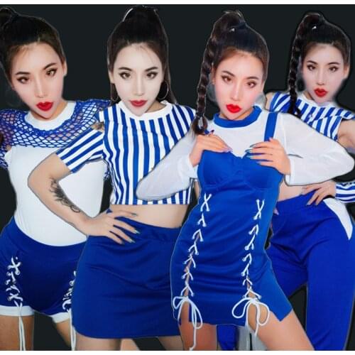 Jazz Costumes Nightclub Singer Dj Women Blue Cheerleading Dance Costume Hip Hop Street Dancing Clothing Lady Stage Outfit DT1224