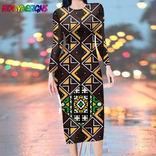 NOISYDESIGNS African Tribal Designs Dress Fashion Long Sleeve Robe Spring Women Casual Party Dresses Ankara Prints Vestios