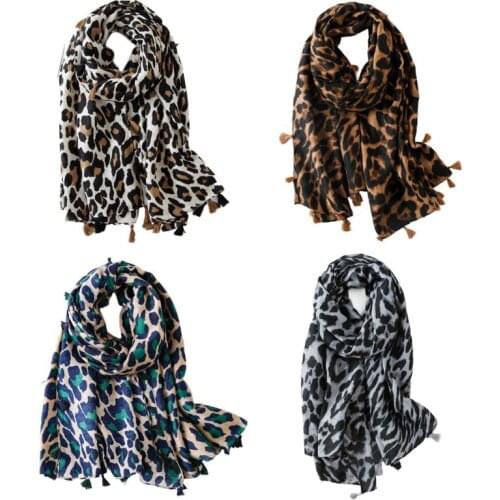 180x90cm Women Vintage Leopard Print Cotton Scarf Contrast Color Tassels Lightweight Autumn Oversized Large Shawl Wrap