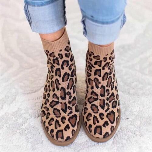2021 High Quality High-top Socks Boots For Women Winter Autumn Short Thick Heel Leopard Print Sock Boots Shoes Botas Mujer