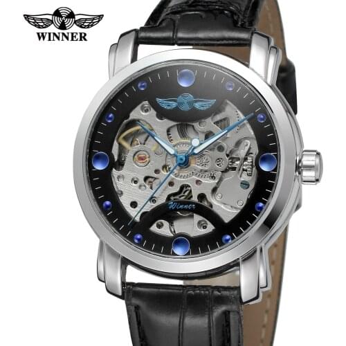 Winner Black Skeleton Designer Blue Engraving Clock Men Leather Strap Mens Watches Top Brand Luxury Automatic Watch Montre Homme