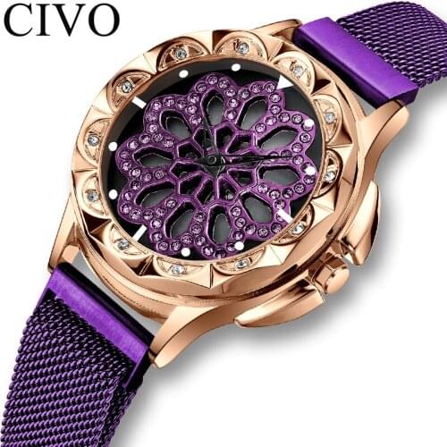 CIVO Fashion Casual Watches Ladies Rotation Dress Watches Waterproof Mesh Strap Analogue Rhinestone Quartz Clock Relogio Femino