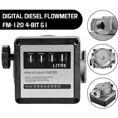 1Pcs FM-120 4 Digital Gasoline Fuel Petrol Oil Flow Meter 20-120L/Min Four Digital for Diesel Fuel Oil Flow Meter Counter