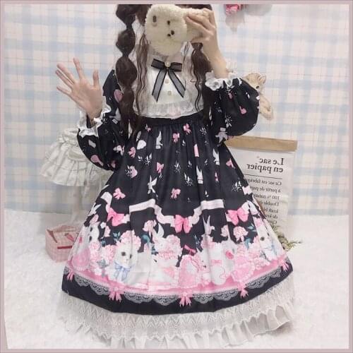 Dark Gothic dress Japanese Lolita Skirt Daily girls Lolita dress Long Sleeve Cute Girl OP Dress Women cospaly colthing