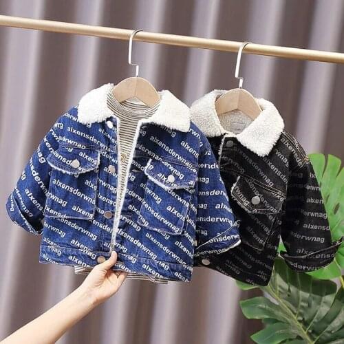 Infant and Children Plus Velvet Denim Jacket Baby Warm Jacket Boy Clothes 2021 Autumn and Winter Korean Childrens Thick Jacket