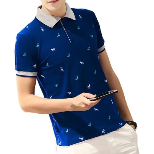 Turn-down Collar Men T-shirt Deer Print Thin Buttons Short Sleeve Summer Shirt Streetwear