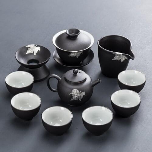 Ceramic Kung Fu Tea Set Black Pottery Cover Bowl Cup Thick Side Teaset Simple Tray Japanese Style Juego De Te Tea Service EI80TS