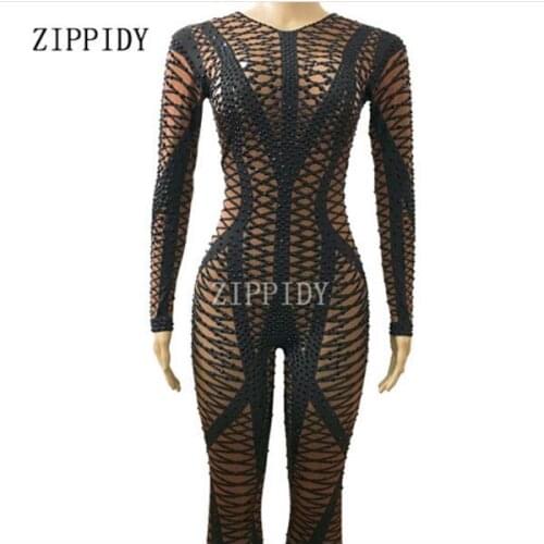 Black Bling Rhinestones Dark Skin Color Skinny Jumpsuit Female Singer Nightclub Party Celebrate Oufit Costume One-piece Leggings