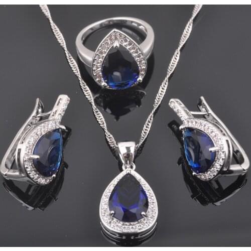 Blue Zirconia Water Drop Womens Silver Color Jewelry Sets Earrings Pendant Necklace Rings QZ0355