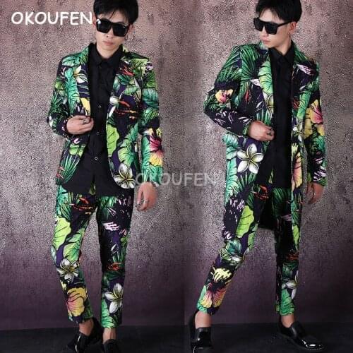 Nightclub male singer hair stylist Print suit tide man suit jacket green plant slim suit