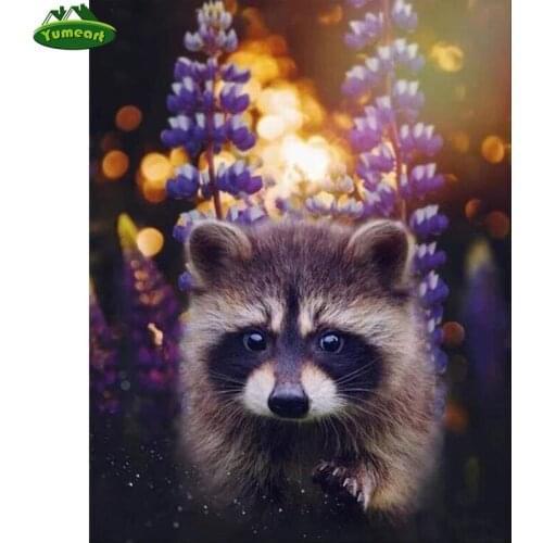 YUMEART Full Square Drill Diamond Embroidery Raccoon Flower Picture Diamond Painting Cross Stitch Diamond Mosaic Animal Raccoon