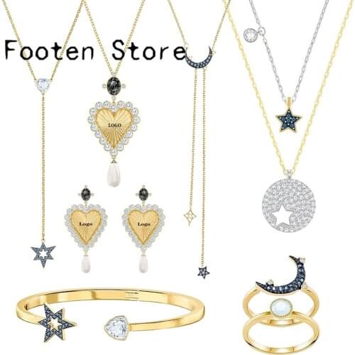 SWA Fashion Jewelry High Quality Charming Hollow Star Moon Fringed Lady Necklace Bracelet Earrings Set Blue Moon Star Y-chain