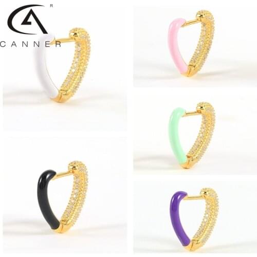 CANNER Colorful Love Enamel Hoop Earrings 925 Silver Macaron Cute White Heart Zircon Earring For Women Pendientes Jewerly Gifts