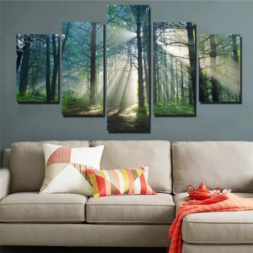 Modern Decor Home Living Room HD Prints 5 Pieces Forest Sunshine Scenery Paintings Wall Art Poster Frame Modular Canvas Pictures