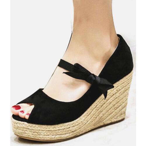 LIHUAMAO Espadrilles Shoes Suede Bow-tie Peep Toe Wedge Platform Women High Heels Pumps Casual Party Work square heel slingback