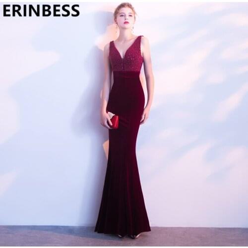 Vestido De Festa New Arrival Vintage Mermaid Velvet Evening Dresses Burgundy Royal Blue Beaded V Neck Party Gowns