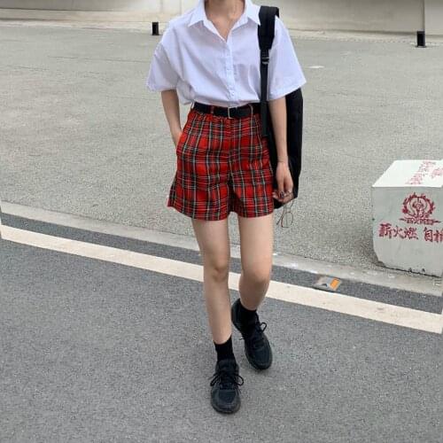 New Summer Womens Shirt Top + Red Plaid Shorts Overalls Female Casual Fashion Sexy High Waist Shorts Gothic Girl 2021