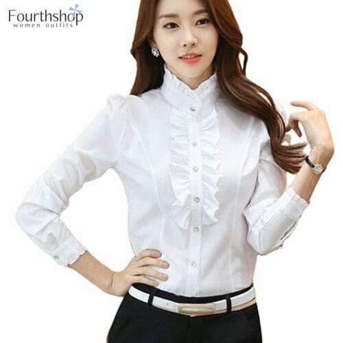 2021 Autumn Long Sleeve Ruffles White Blouses and Shirts for Women Office Lady Business Work Tops Clothes Female Chiffon Blouse