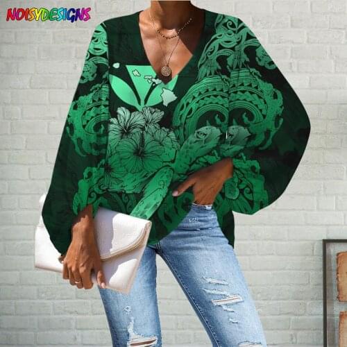 NOISYDESIGNS Harajuku Blouse Polynesian Hibiscus Turtle Tattoo Prints Casual Loose Long Sleeve Shirt Tops Plus Size V-neck Mujer